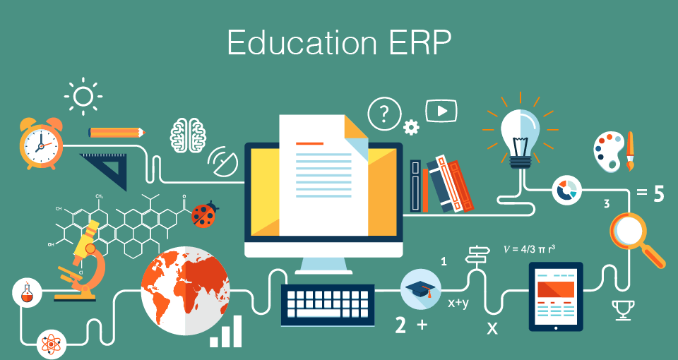 Illustration of a digital tablet with icons representing CRM and ERP systems, surrounded by educational symbols like books, graduation caps, and a globe.