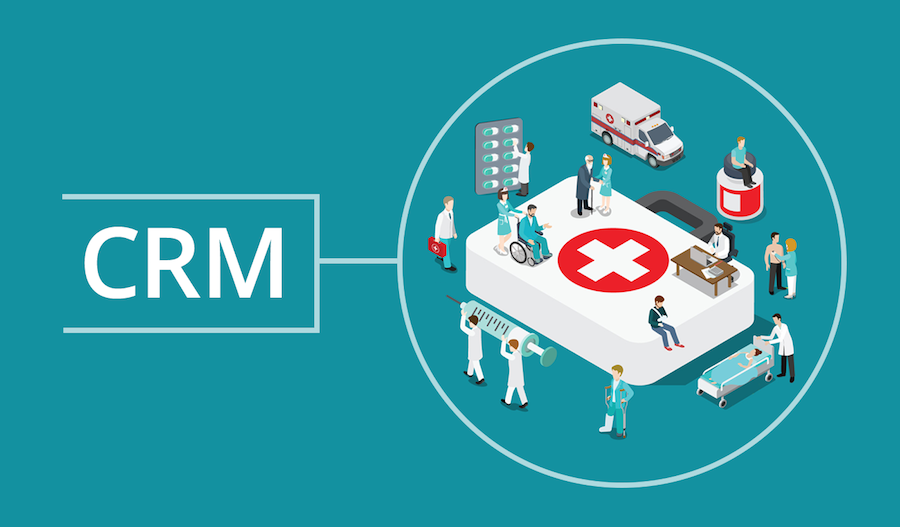 Illustration depicting the integration of CRM and ERP solutions in healthcare management.